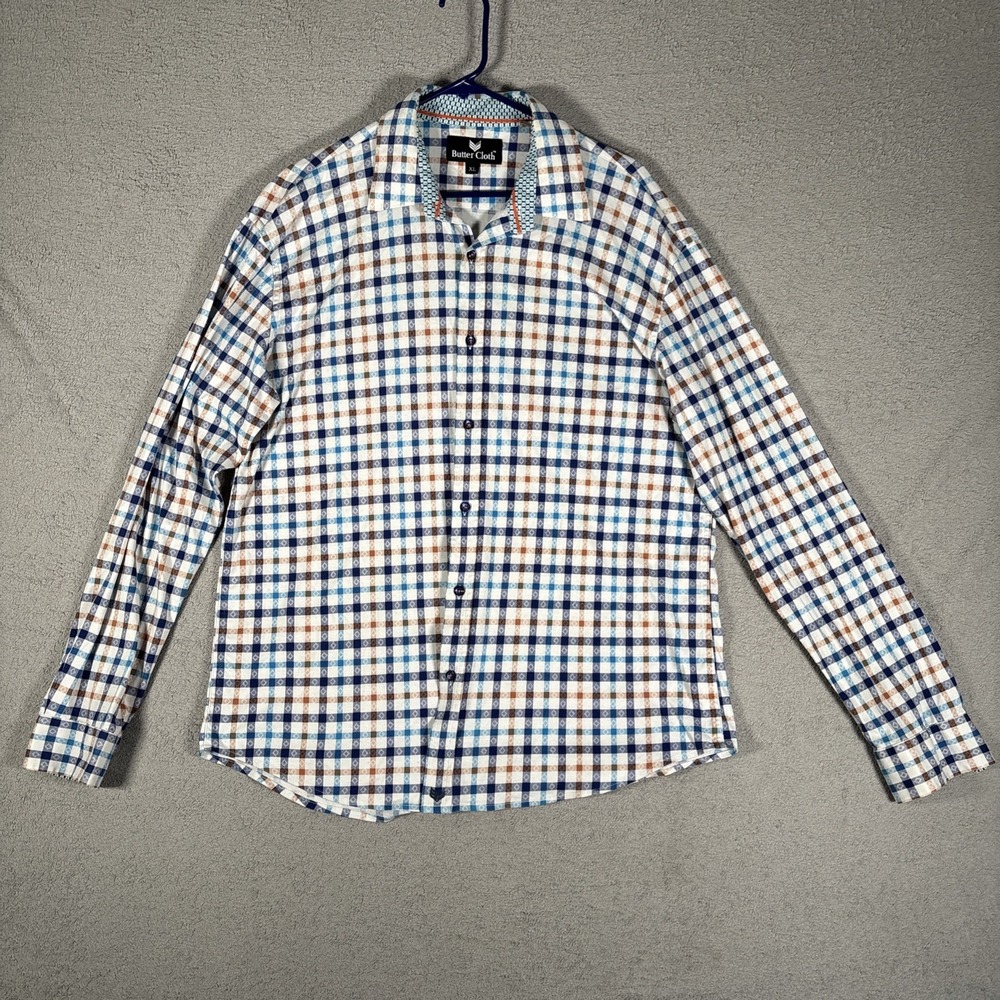 Butter Cloth Mens XL Button Down Shirt Long Sleeve Blue Plaid Cotton Geometric - Picture 7 of 15